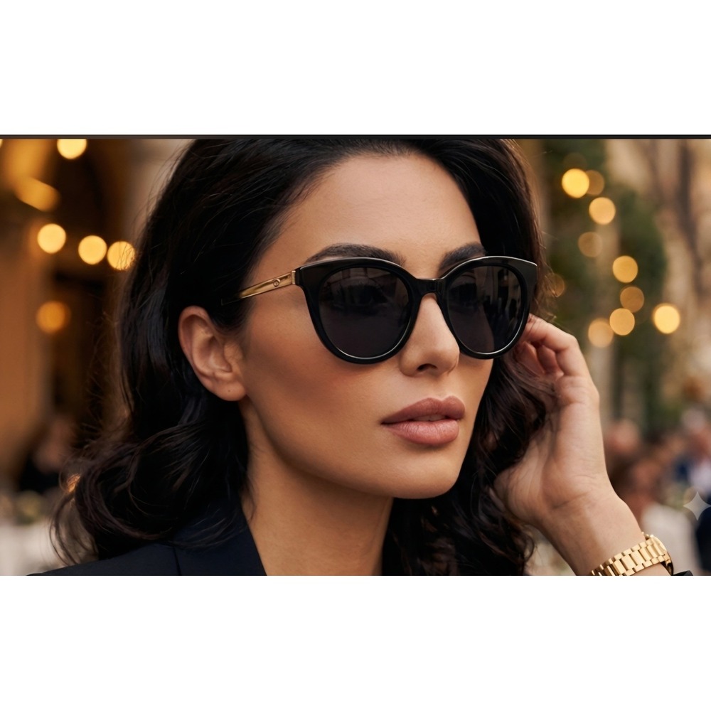 Oscar by Oscar de la Renta Womens Black Round Cat Eye Sunglasses Gold Temples
